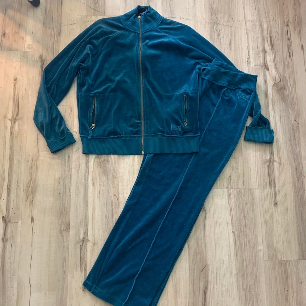 Everlast Vintage Teal Blue Velvet Tracksuit Zip Up Jacket Pants XL